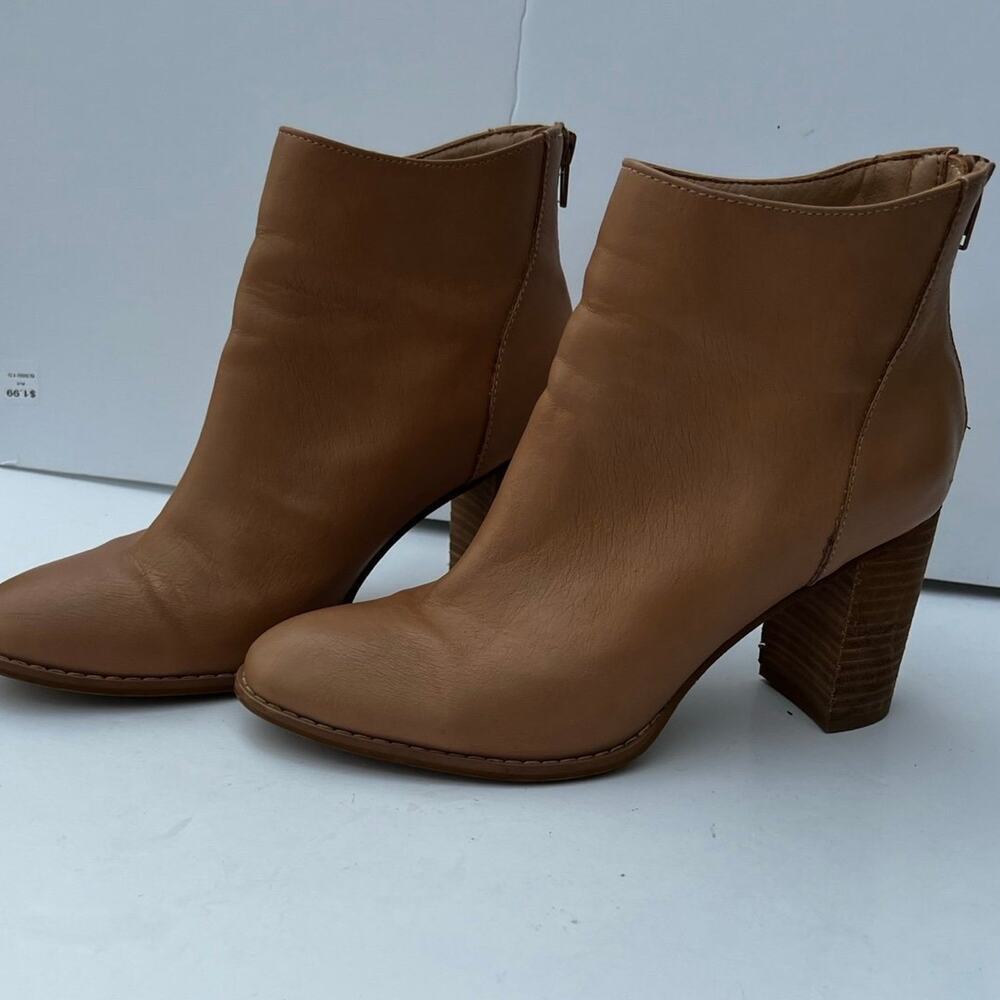 Women's Tan Leather Ankle Booties with Stacked Block Heel